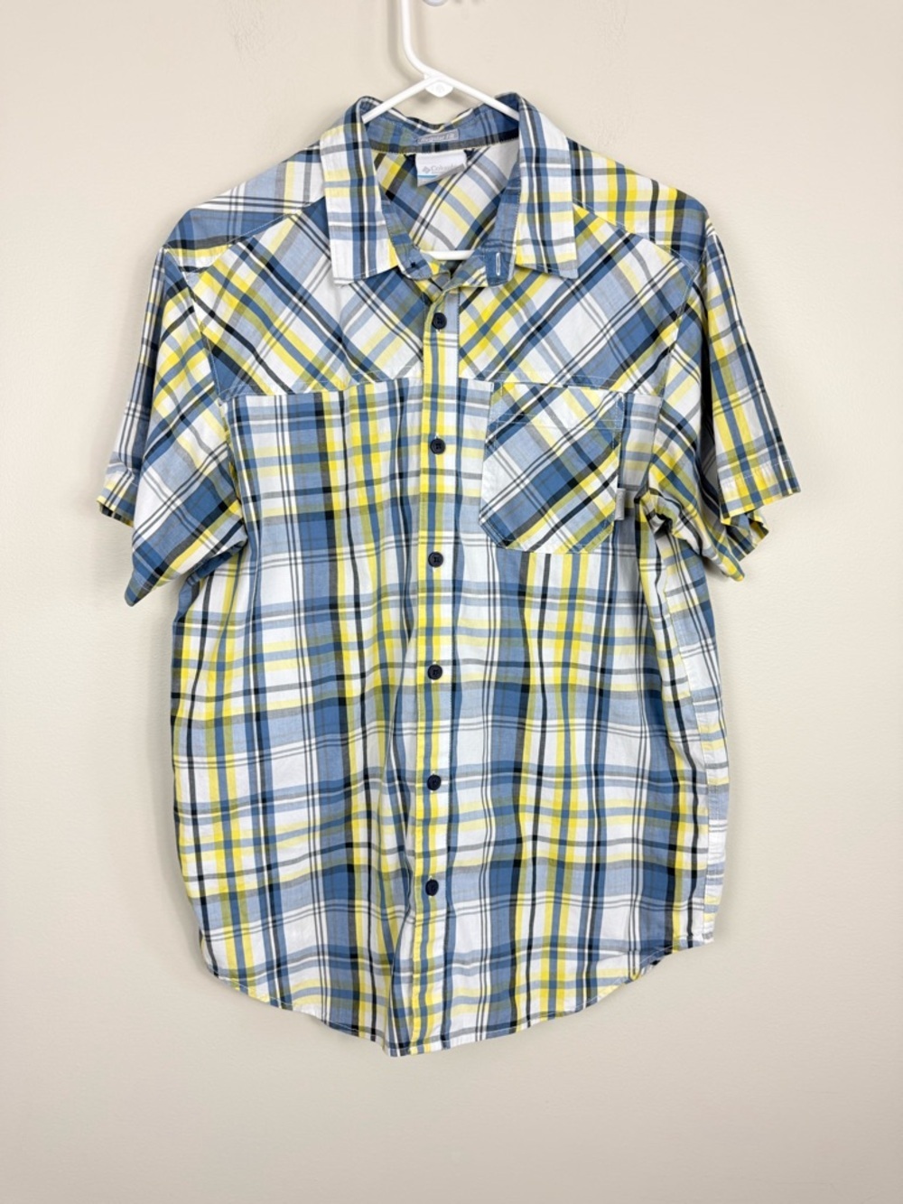 Columbia Button Down Shirt Men Medium Relaxed Fit Yellow Blue Plaid Short Sleeve